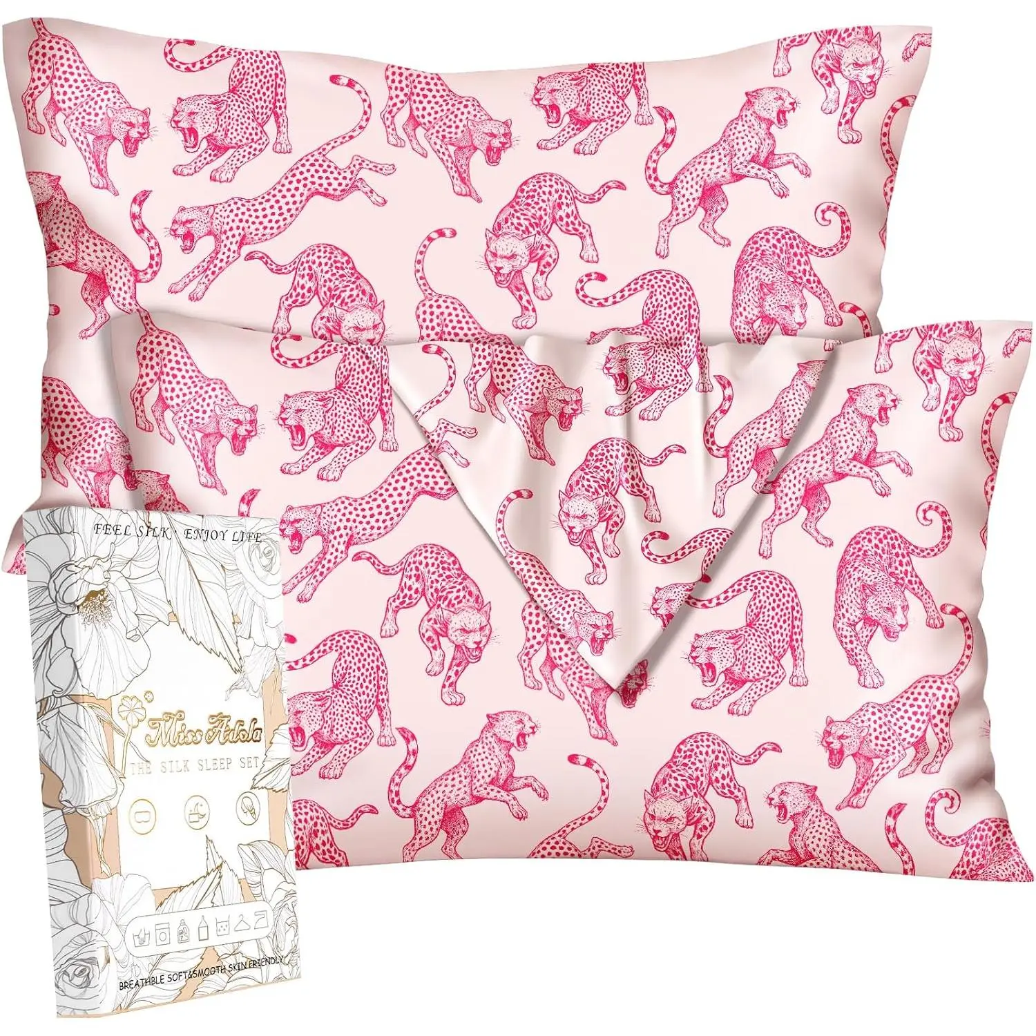 Silk Pillow 2 Pack - Standard Size 20 x 26 Inch Pillowcases for Hair and Skin Soft Cooling Bed Sleeping Pillow Cover with Zipper for, PK Leopard