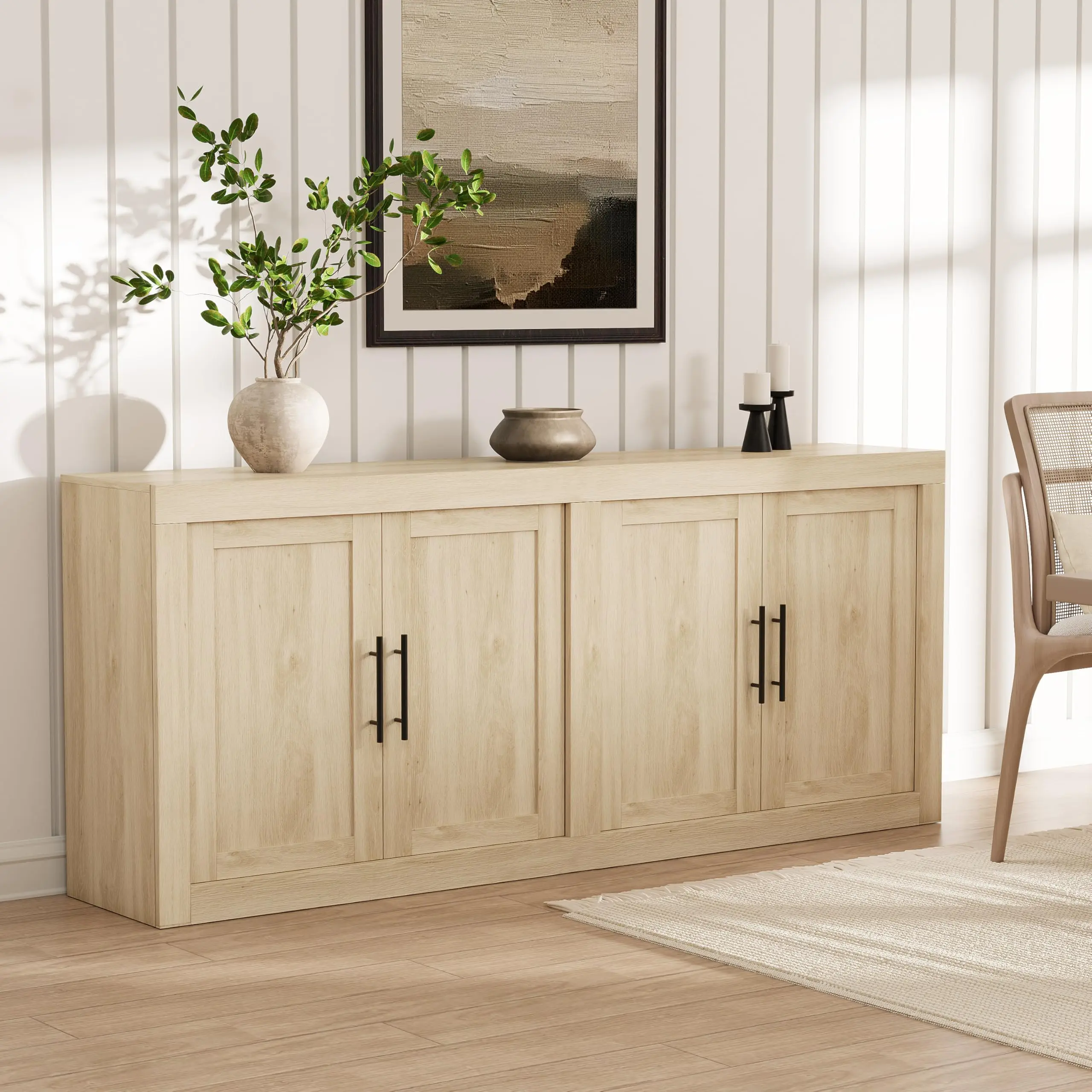 4 Doors Buffet Cabinet with Storage, Sideboard Cabinet with Doors and Adjustable Shelves, Farmhouse Coffee Bar Station Table, Modern Wood Cupboard for Kitchen, Living room and Dining Room