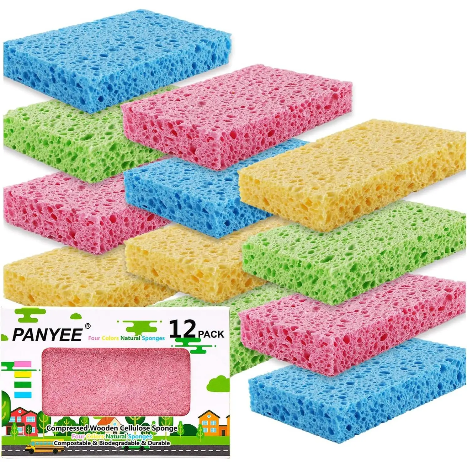 Compressed Cellulose Kitchen Sponges 12Pack,Non-Scratch Biodegradable Natural Colorful Sponge Scrub for Dishes Cleaning,Funny DIY Sponge for Kids