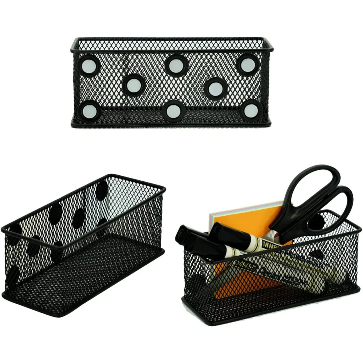 Magnetic Locker Organizer, Wire Mesh Storage Baskets, Black | Pack of 3, Magnetic Pencil Holder, For Dry Erase Markers, Fridge, Whiteboard, School Locker