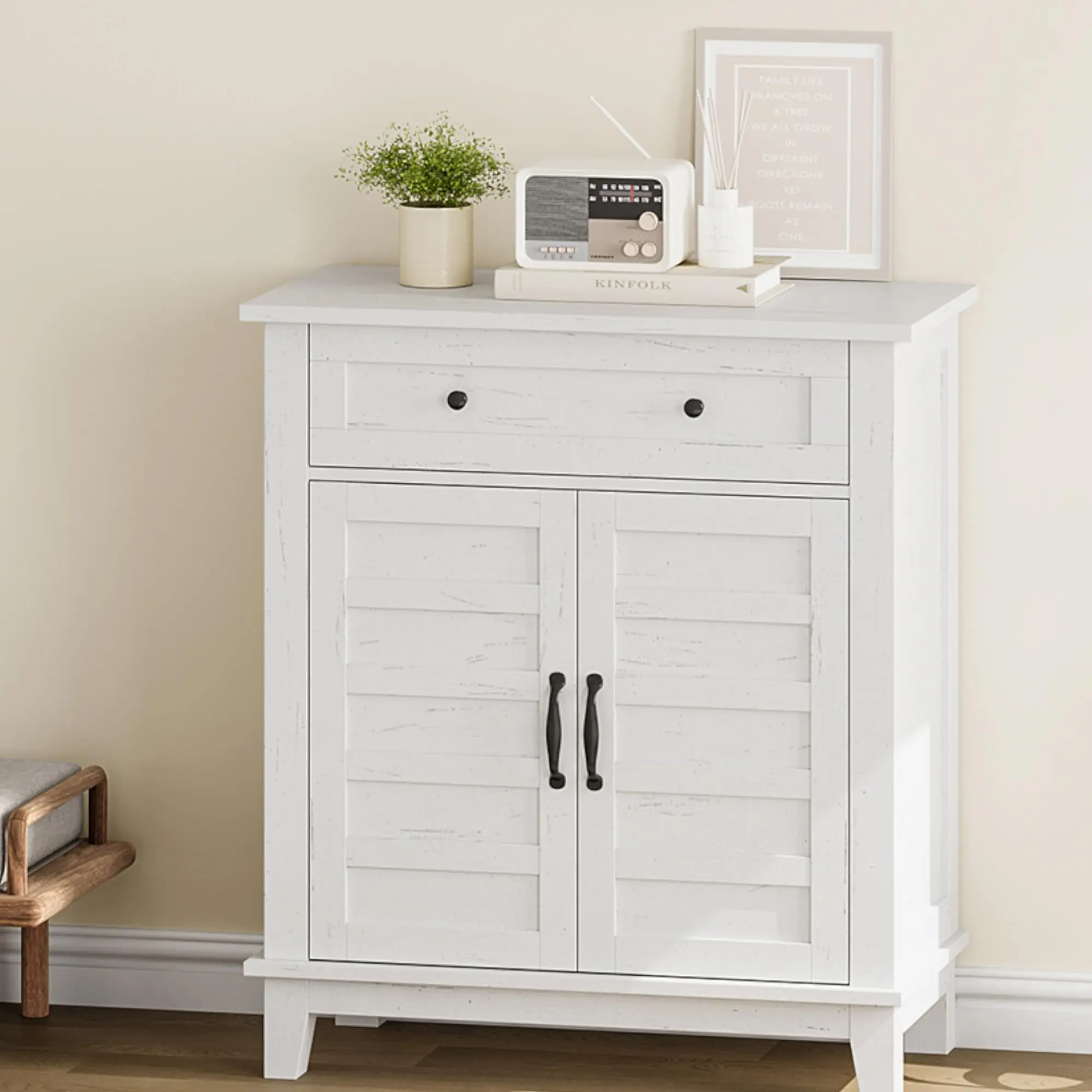 Garvee Farmhouse Sideboard Buffet Cabinet with 3-Tiers Adjustable Shelf, Kitchen Storage Cabinet with a Large Drawer for Dining Room, Bathroom, Entryway, White