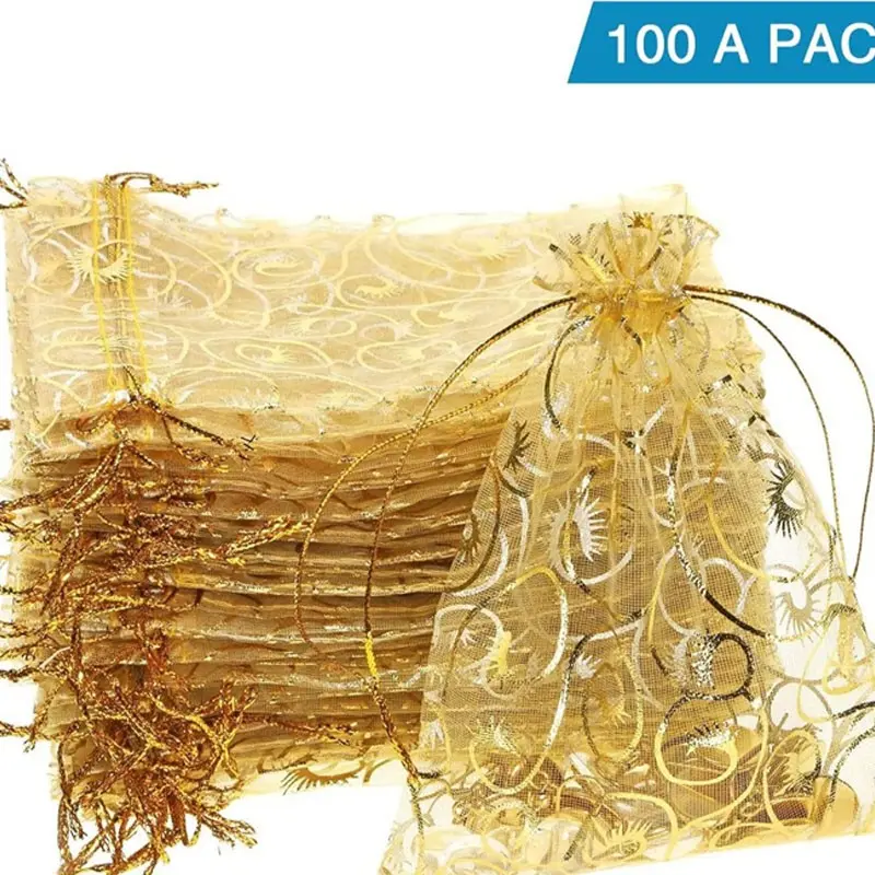 100pcs Swirl Print Organza Gift Bags, Reusable Transparent Drawstring Jewelry Pouches, Perfect for Weddings, Parties, Gifts