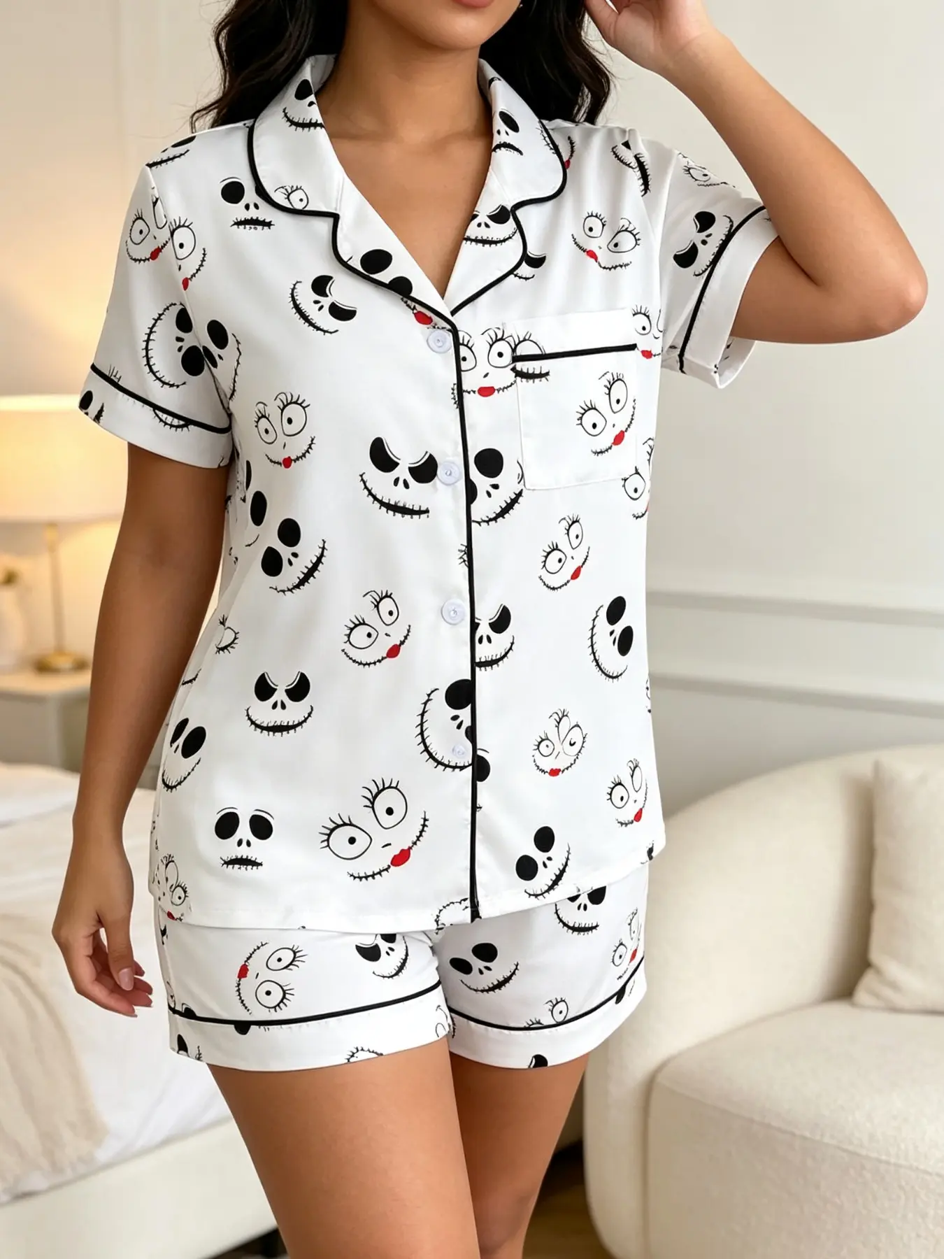 Base Pajama Set, Loungewear, Short Sleeve Button-Up Top & Shorts, Cartoon Horror Print, Party & Outdoor Wear, Fitted, All Seasons