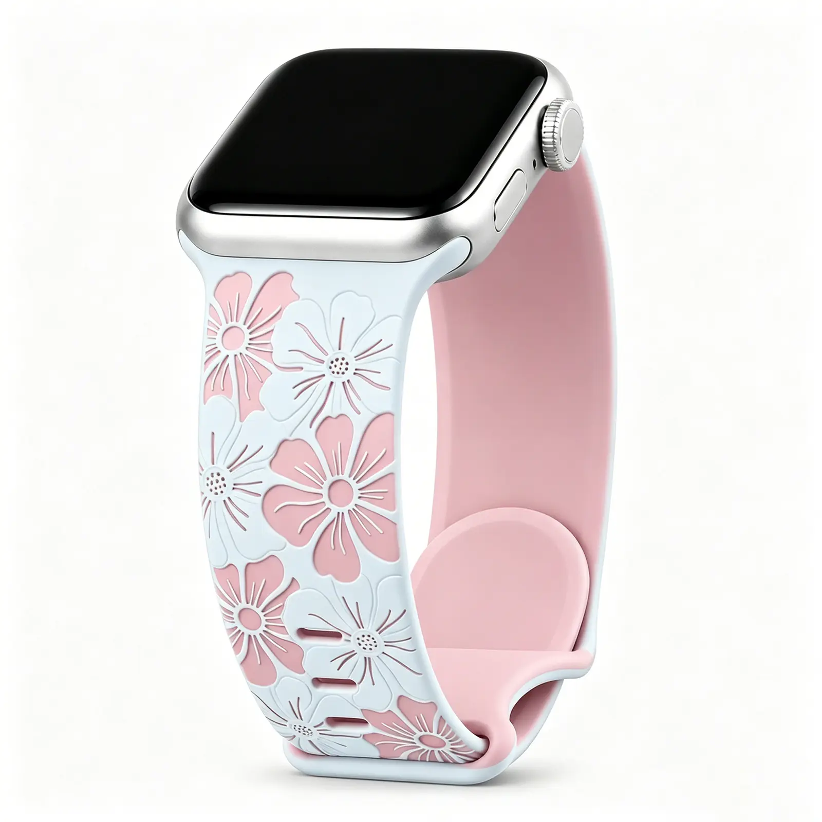 Floral Engraving Silicone Watch Strap - Light Blue, Pink, White Large Flower Design, Pastel Spring Single Strap, Soft Fresh Bag Accessory Replacement