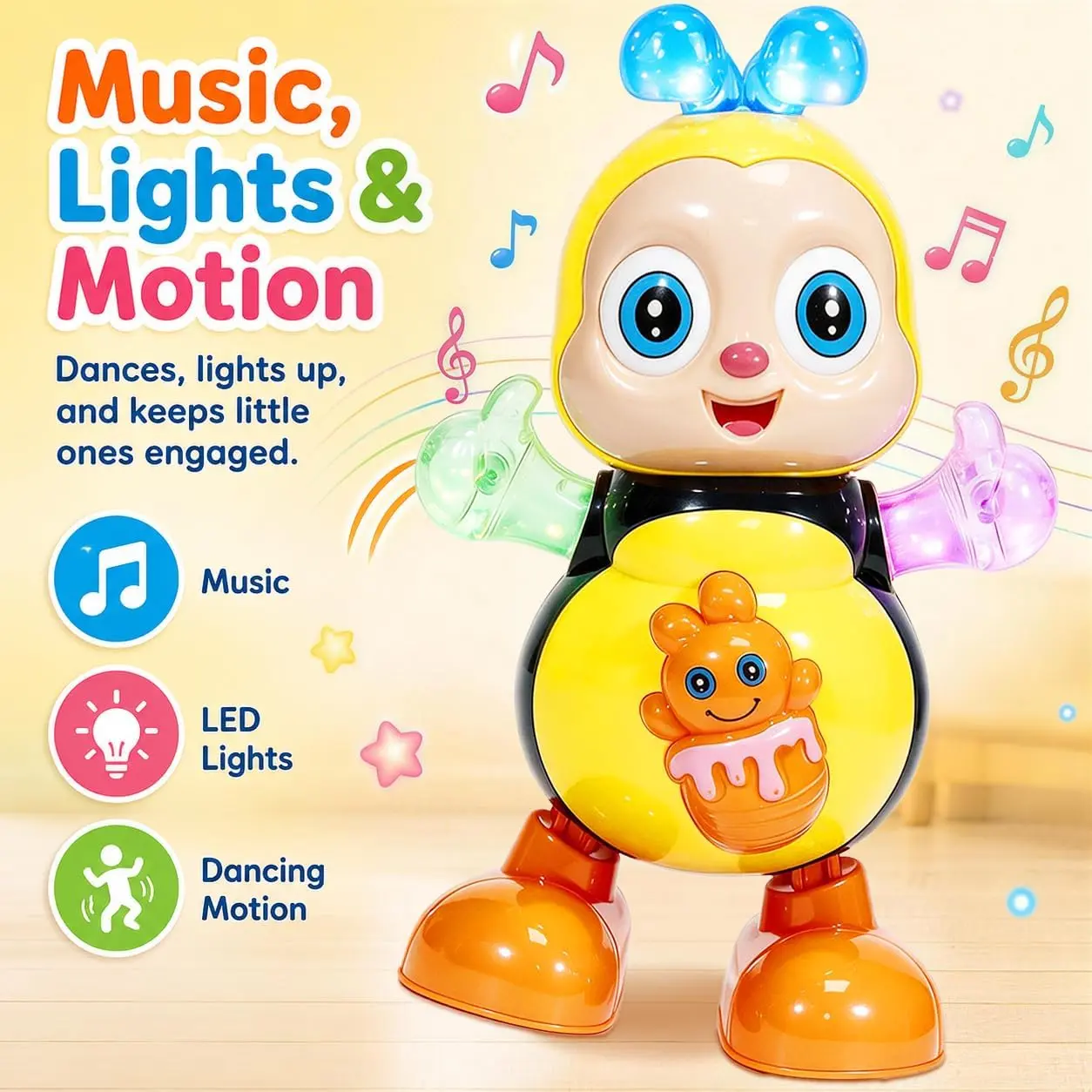 Dancing Bee Toy with Music & LED Lights – Dancing Bee Toy with Sounds and Lights for Kids, Preschool Sensory Learning Toy for Toddlers