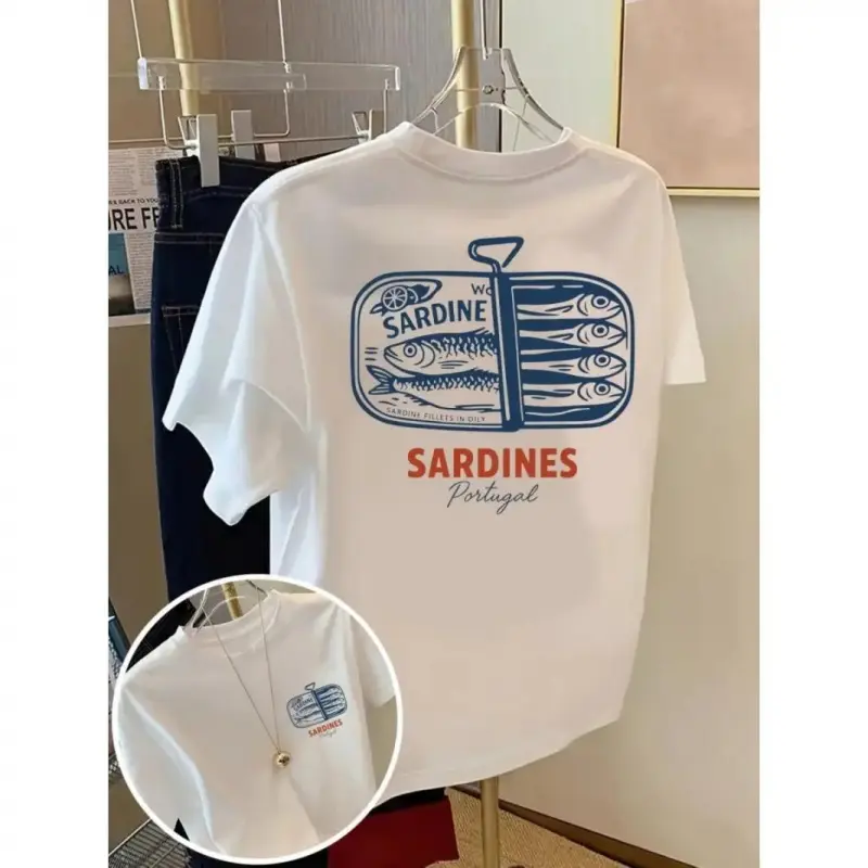 Women's Oversized T-shirt with Portugal Sardine Graphic | Soft Breathable Vintage Street Wear Top, Casual Women's Clothes, Tops, Breathable Streetwear, Tshirt, Shortsleeve, Vintage Graphic, Loose Casual