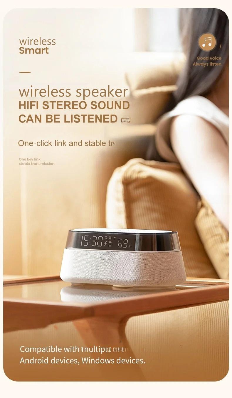 6-in-1 Smart Speaker Alarm Clock 15W Wireless Charger Bluetooth Music Player with Snooze Function