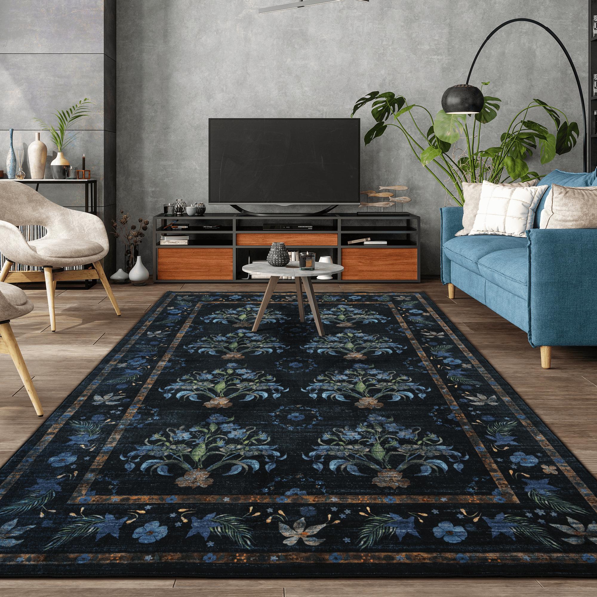 6x9 Washable Large Rugs,Red faux cashmere Area Rug,Indoor Home Decor Rug,vintage printed carpet,Boho Vintage Distressed Non-Slip Low-Pile Non Slip Carpet for Living Room,Dining Room,Office, Black , Dark Blue, Light Blue,Brown,6x9 Feet