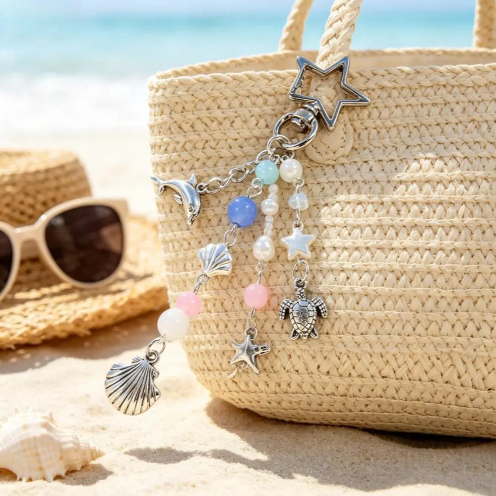 Nautical Ocean Animal Beaded Keychain Set - Aesthetic Portable Backpack Decor with Dolphin, Turtle, Shell, Star Multi-Charms, Coastal Girly Luggage & Bag Accessory, Keychain Charms & Twillies for Collectibles, Aesthetic Keychain