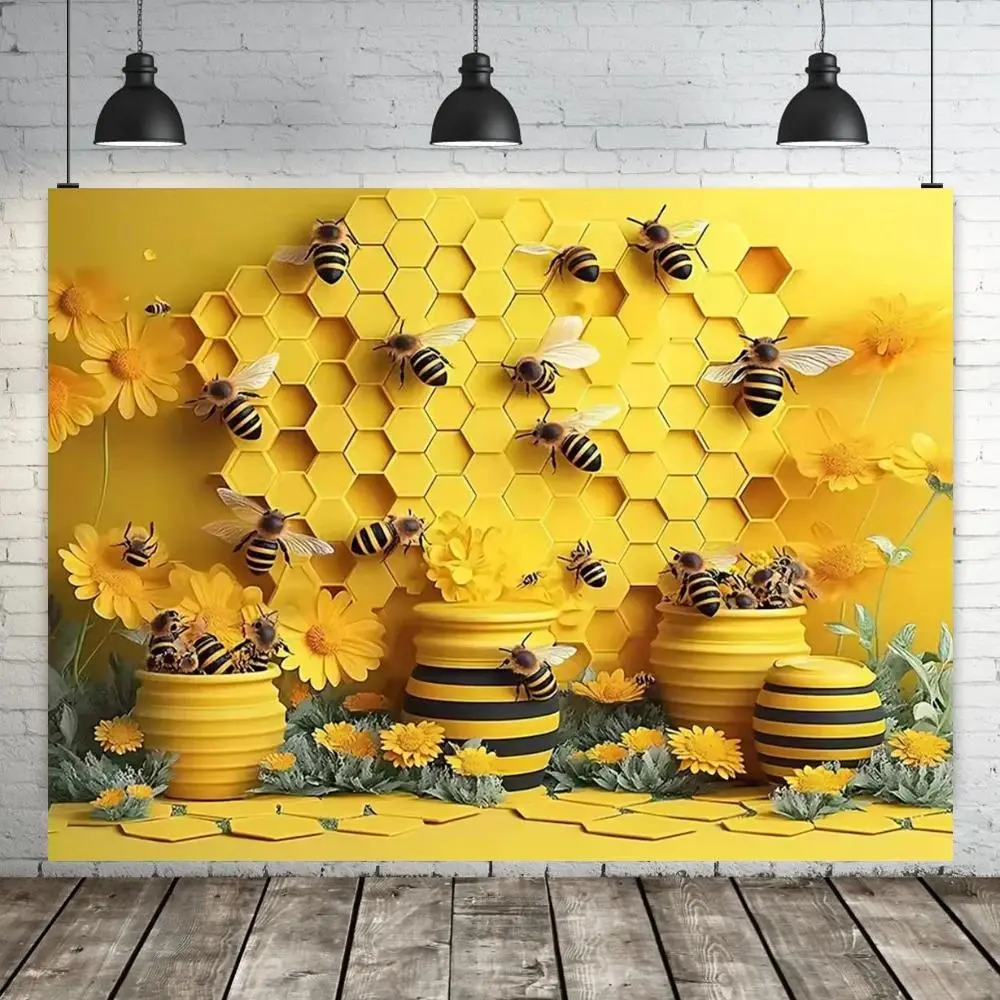 Bee Sunflower Backdrop Party Backdrop Polyester Fabric Birthday Decoration Photo Backdrop Wall Decor Photography Background Honey Floral Party Celebration Event Banner Studio Prop Garden Picnic Scene