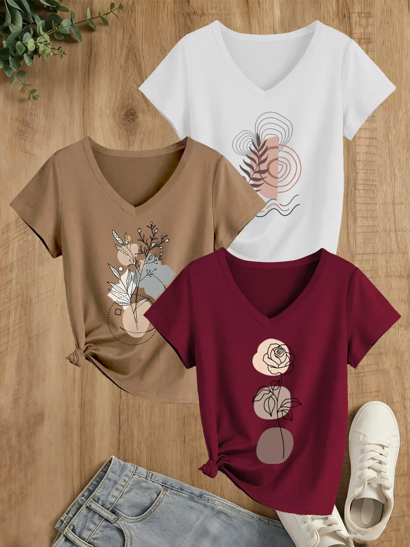 Women's 3-Pack Artistic Plant Print T-Shirts, Casual V-Neck Short Sleeve, Soft Fabric, Medium Stretch, All Season