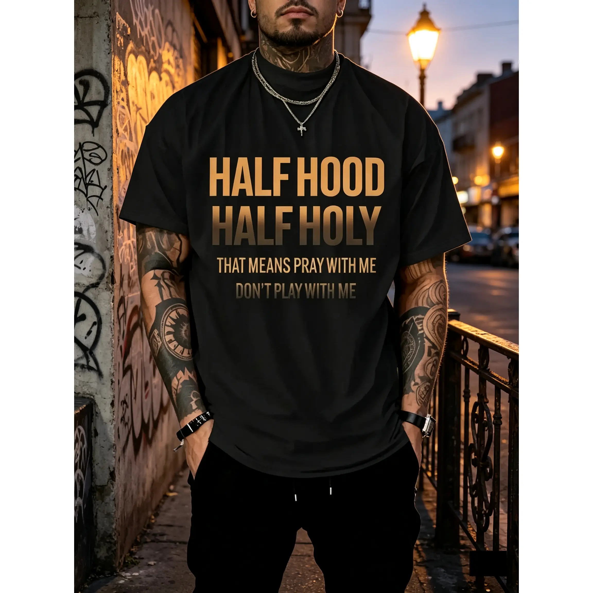 'Half Hood Half Holy – Pray With Me Don't Play With Me' Men's Christian Streetwear Tee – White with Bold Brown Lettering, 100% Cotton Crew Neck – Bold Faith Statement for Urban Believers
