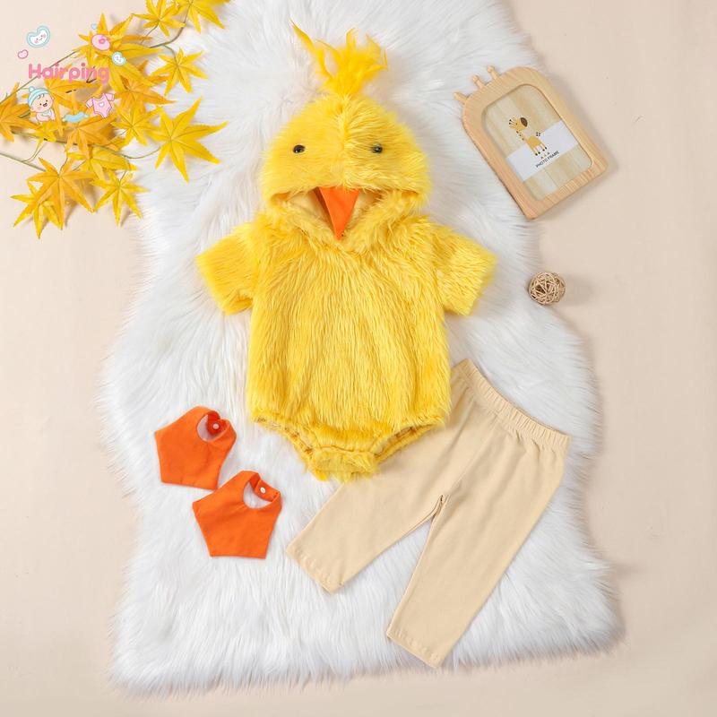 Baby Chick Costume Outfit Set, 3PCS Furry Hooded Romper + Pants + Booties, Cute Easter/Halloween Animal Themed Infant Clothes, Ideal for Photoshoot & Holiday Gift