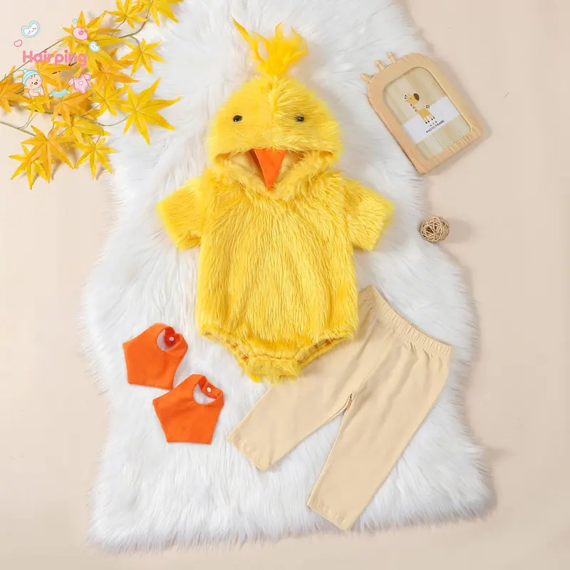 Baby Chick Costume Outfit Set, 3PCS Furry Hooded Romper + Pants + Booties, Cute Easter/Halloween Animal Themed Infant Clothes, Ideal for Photoshoot & Holiday Gift