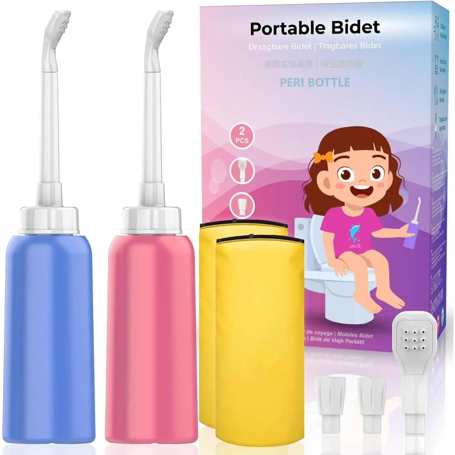 2-Pack 500ml Travel-Friendly Portable Bidet Bottles with 2 Nozzles, Scalable Pipe, Storage Bags - Gentle Clean Post-Birth Aid Bathroom Fixture Essentials, Storage Bag