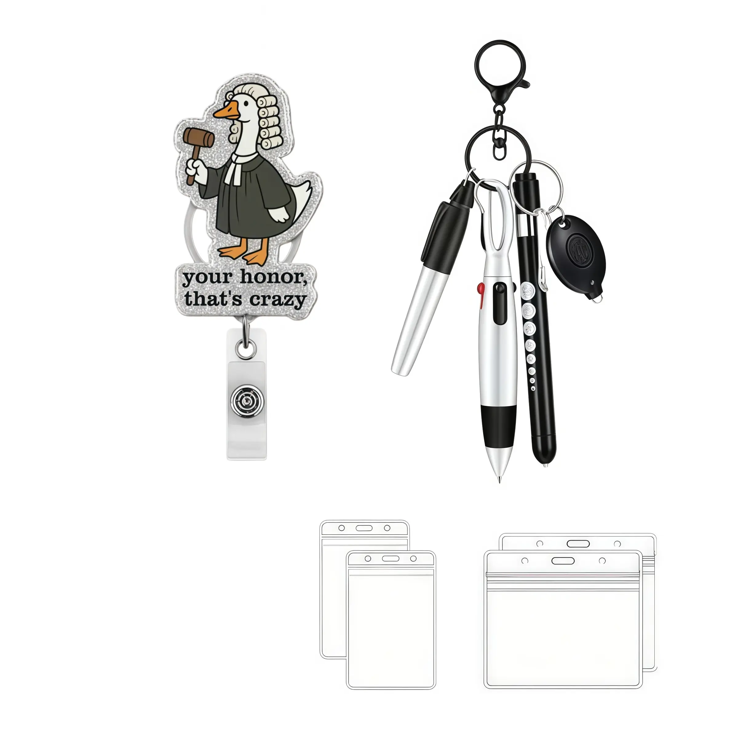 Silver Color Shiny Judge Duck Stretch Badge Roll Kit, Lawyer Goose Cartoon Name Badge Clip, Multi-Function Keychain Pen, ID Holder, Legal Gift Set