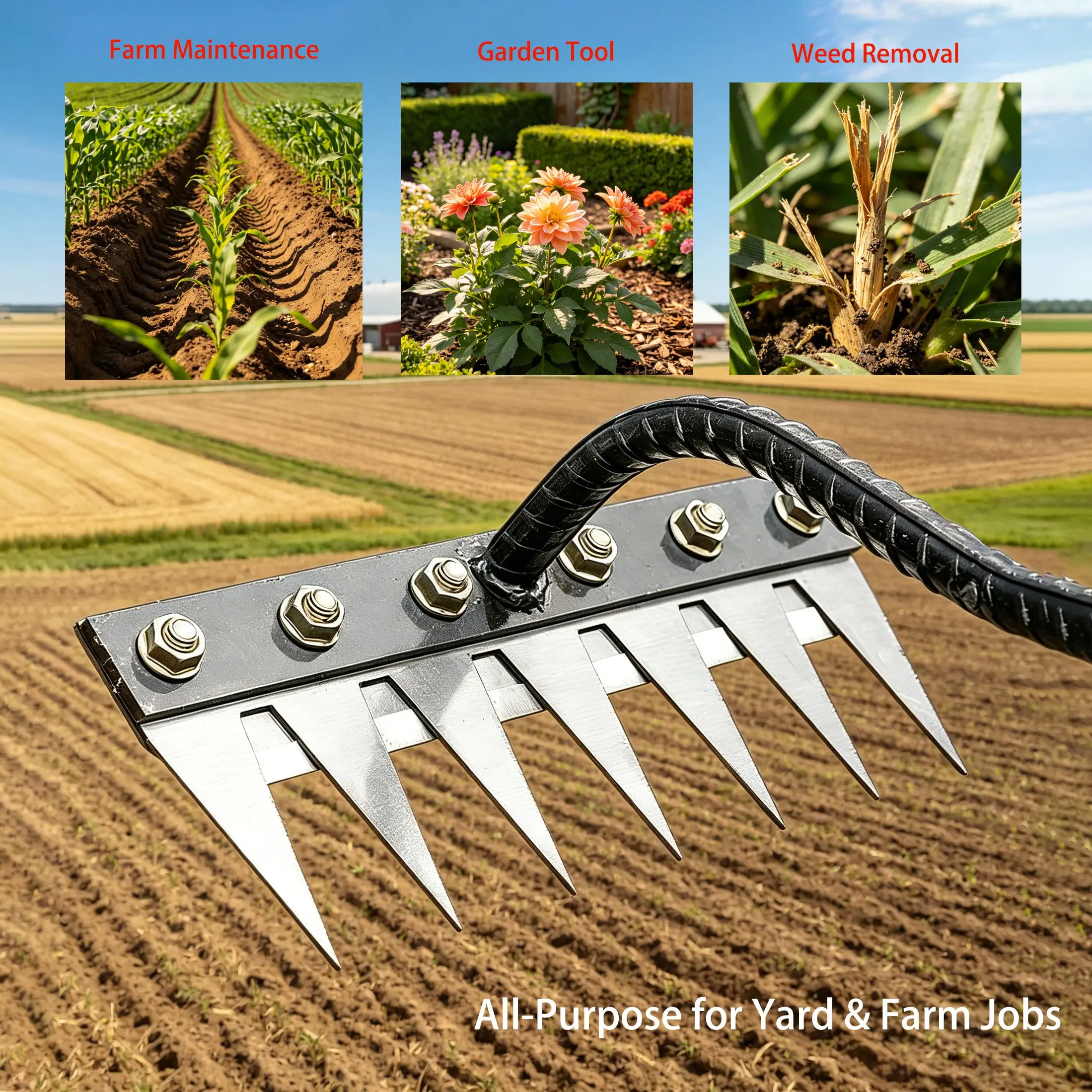 Sturdy Small Hand Weeding Rake Cultivator, 7 Thickened Quenched Steel Sharp Blades, Reinforced Rebar Shaft Hand Garden Tool, Durable Gardening Tools for Vegetable Plots & Flower Beds