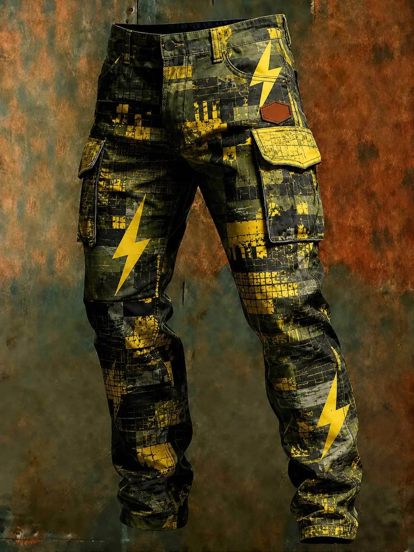 Vintage Pixel Camo Lightning Full-Print Work Pants, American Outdoor Functional Multi-Pocket Straight Leg Men's Casual Pants
