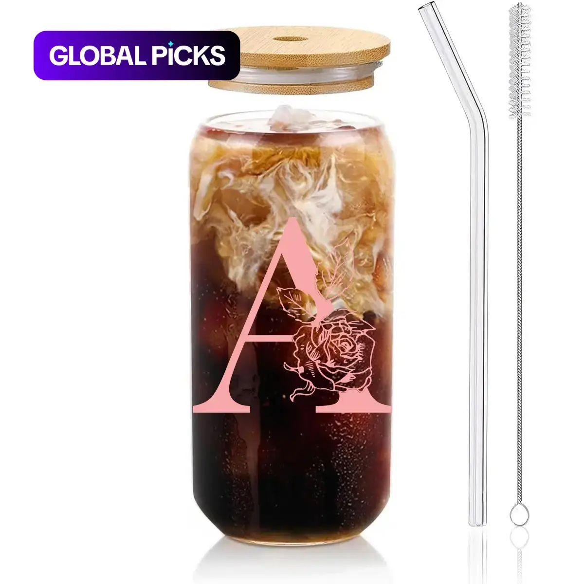 1 Pack Personalized Tumbler, 16oz/480ML A-Z Pattern Reusable Glass Cup with Bamboo Lid and Glass Straw, Customized Gifts for Women, Cute Design Iced Coffee glasses #GLOBAL PICKS