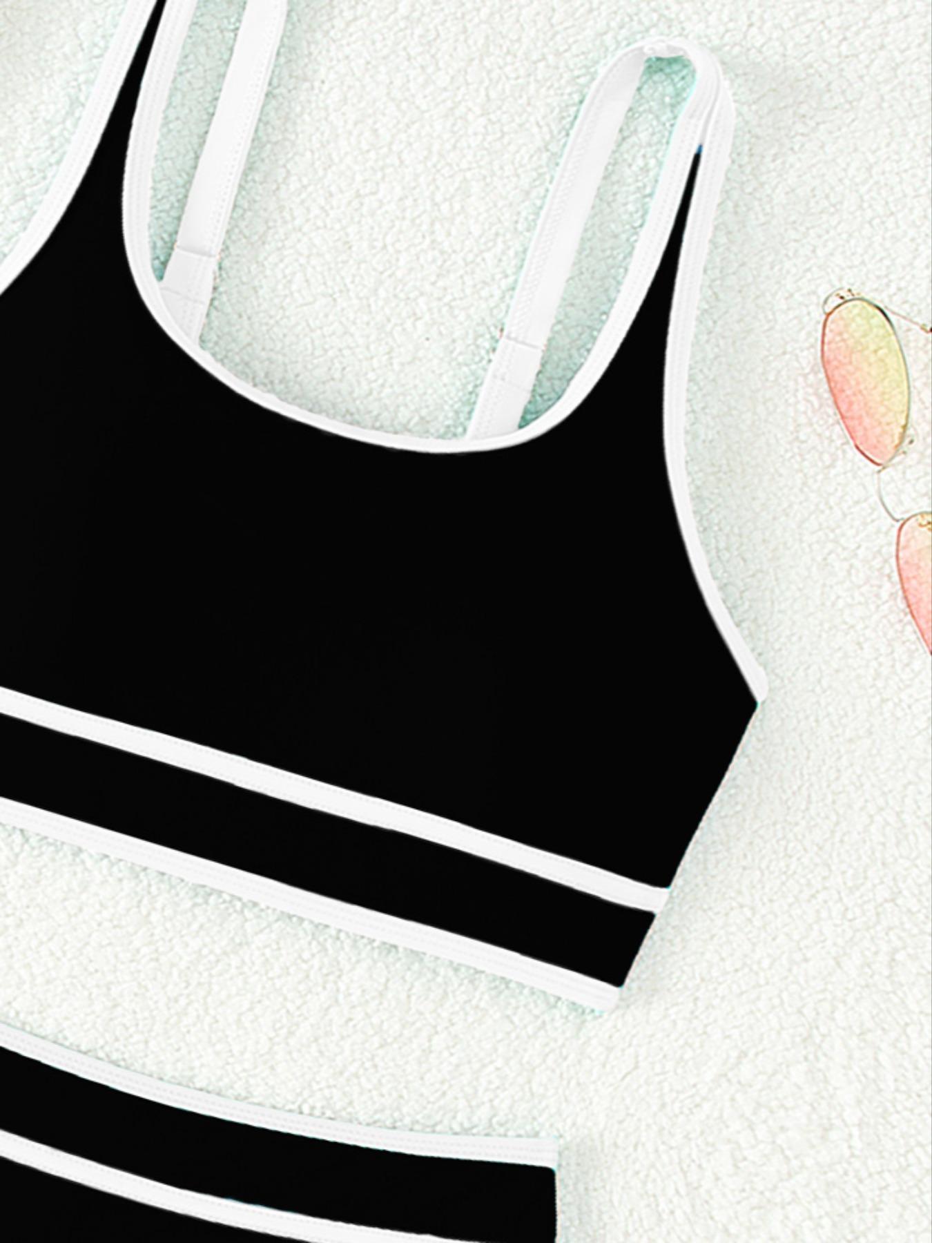 Women's Contrast Binding Bikinis Set, Casual Comfy Scoop Neck Swim Bra & High Waist Swim Panty Two Counts Swimsuit for Summer, Fashion Women's Swimwear for Beach Swimming