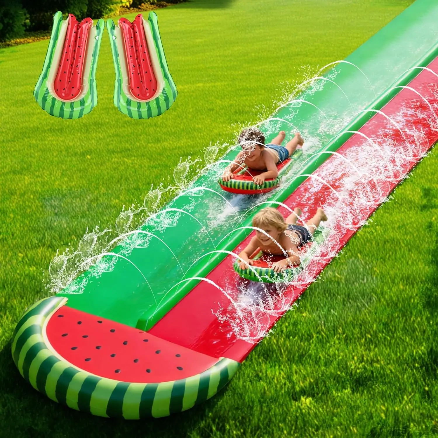 22.5FT Extra Long Double Water Slip and Slides, Watermelon Design, Thickened PVC Inflatable Slide with Sprinklers & Crash Pad for Kids Adults, Summer Outdoor Backyard Lawn Party