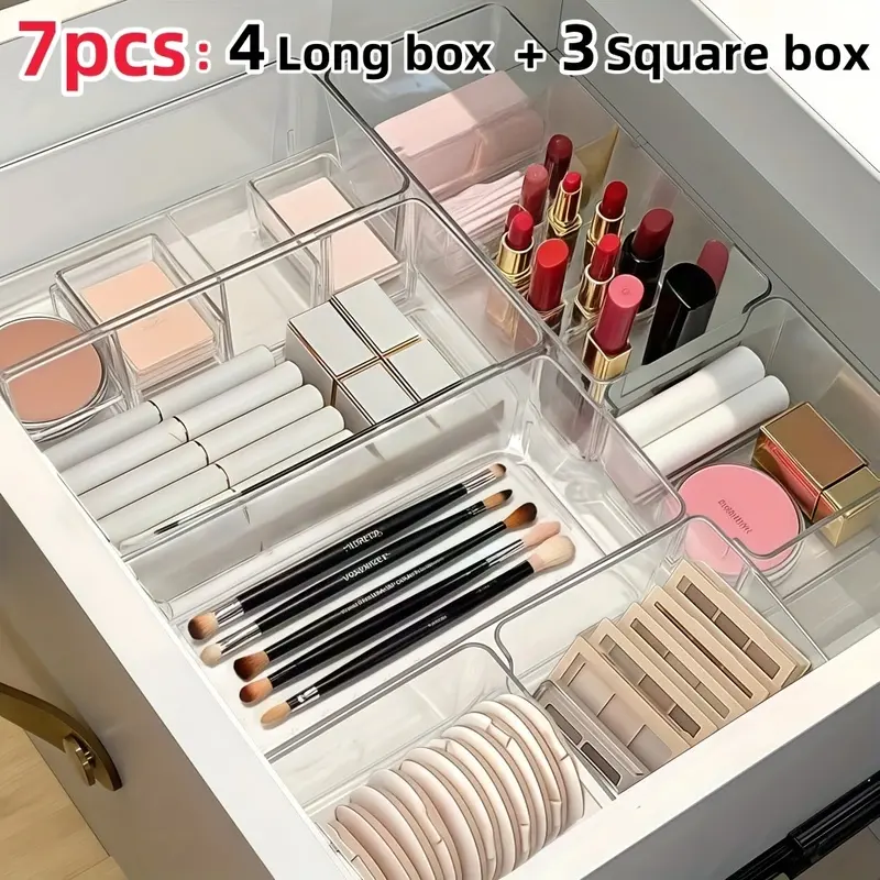 7pcs Acrylic Drawer Organizer Set with Dividers/Cosmetic Storage Box/Suitable for Desktop Clutter Storage/Office Stationery Storage/Drawer Makeup Organization/Desk & Drawer Organizer for Home Storage