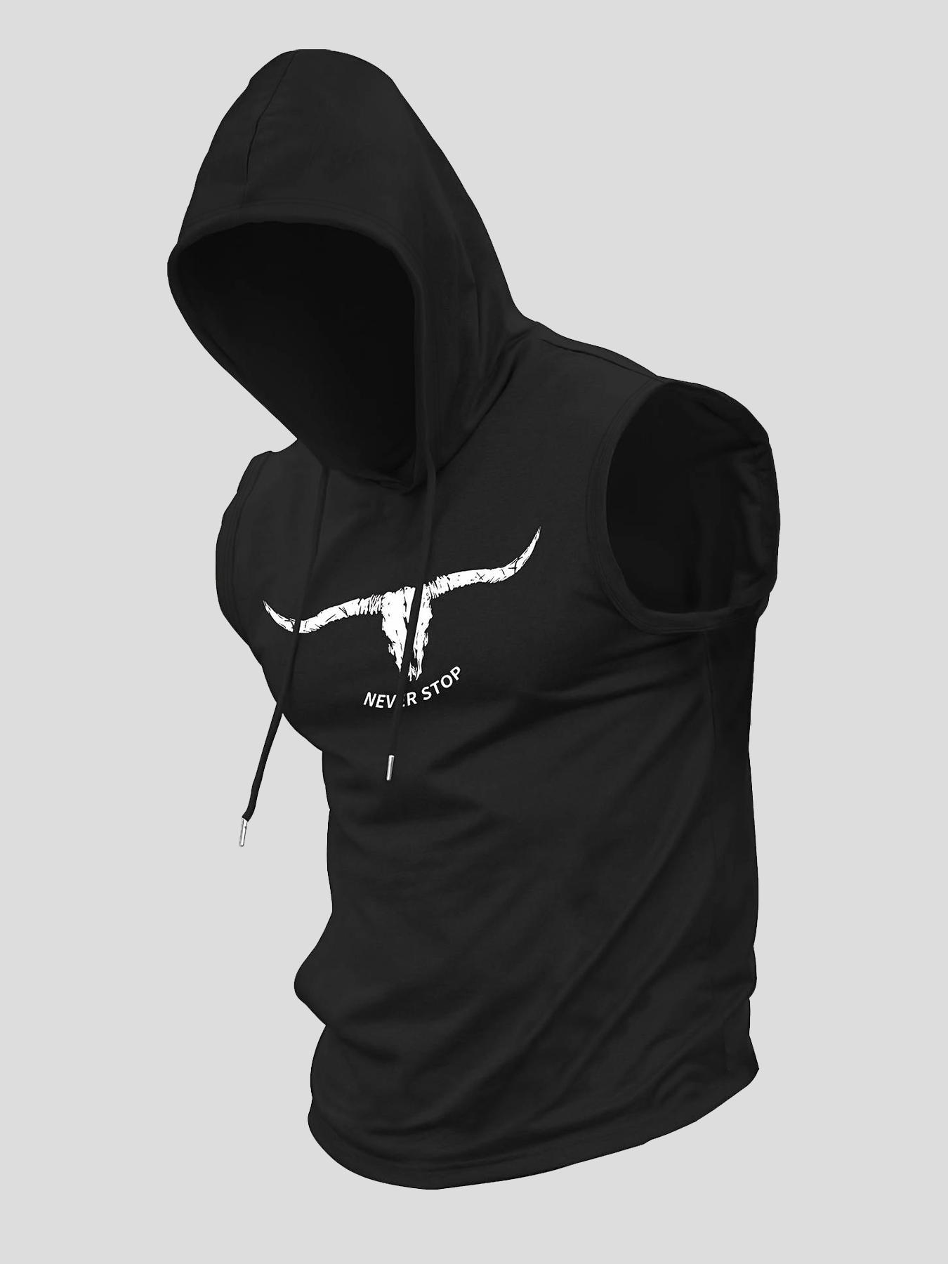 Men's Regular Fit Letter & Bull Head Print Hooded Tank Top, Casual Graphic Sleeveless Top for Summer, Fashion Men's Top for Daily Wear, Workout Tank Top