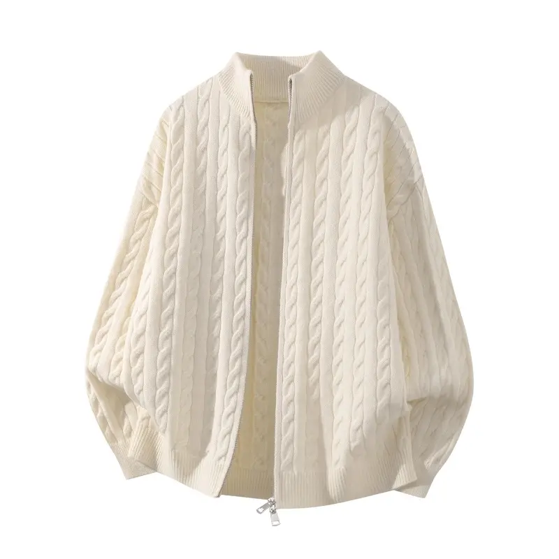Stand collar full zip cable knit cardigan, thick twisted textured knit fabric, ribbed cuffs hem, loose oversized fit, warm casual outerwear for autumn winter street outfits#SummerWins