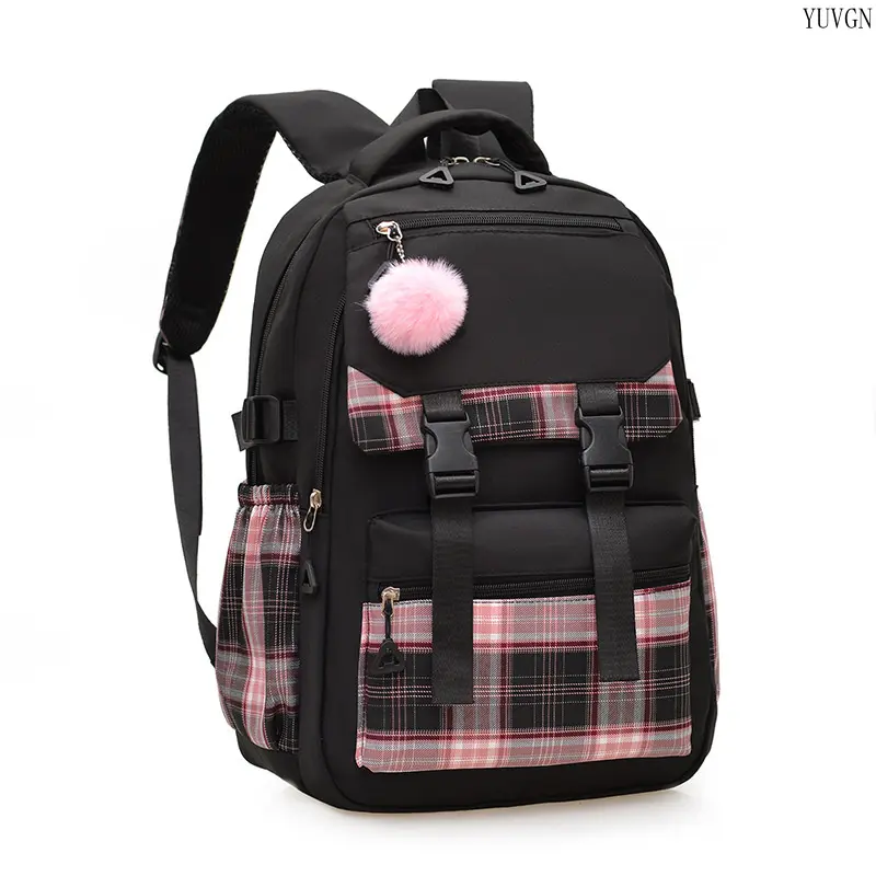 Patchwork Plaid Backpack for School, Spacious Student Daypack with Multi Pockets, Dual Buckles & Fluffy Pom Pom Charm, Backpacks For School, Spacious Carry