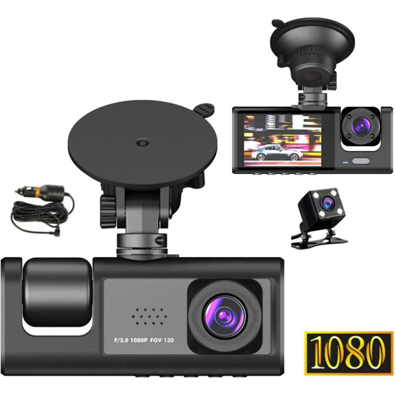 Car 3-Channel Dash Cam, Front/Rear/Inside 1080P FHD Camera with WDR, G Sensor, Loop Recording, Parking Monitor, 24-Hour Recording