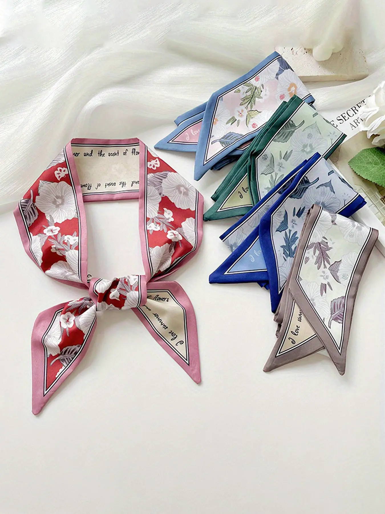 5 Pcs / 1 Set Elegant French Floral Polyester Scarf Set, Vintage Style Hairband, Woven Ribbon Belt, Multi-Functional Accessory for Women & Girls
