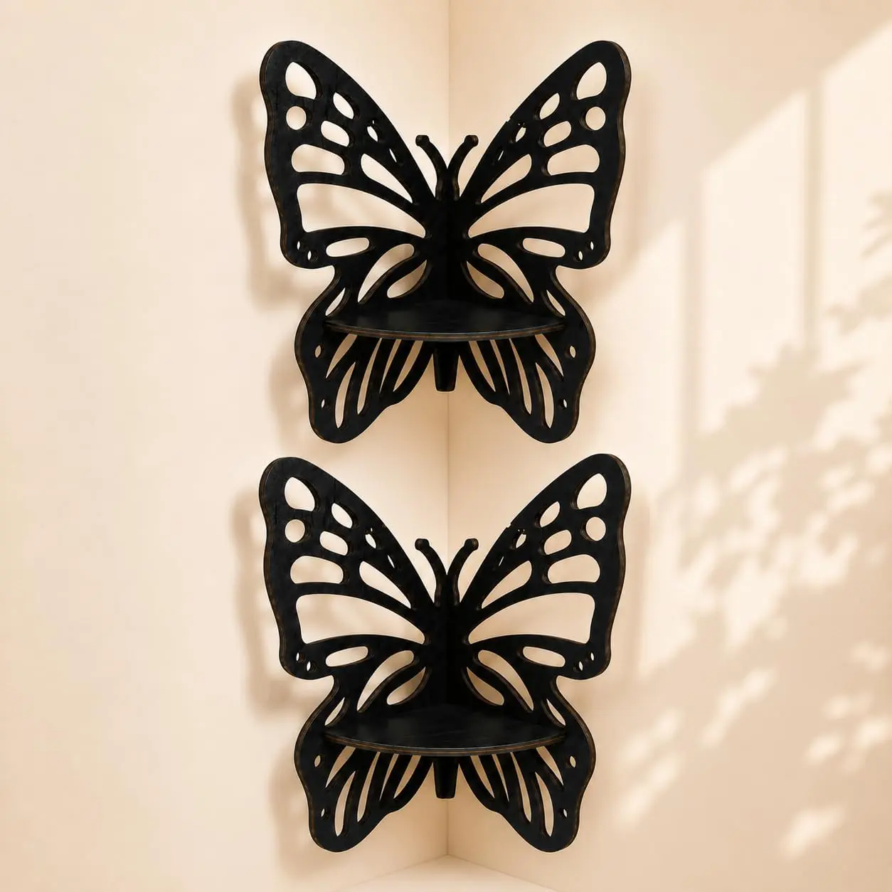 Butterfly Corner Shelf for Wall – Crystal Display Floating Shelf, Boho Witchy Decor, Wooden Wall Shelf for Bedroom Bathroom Living Room (Black, 2 PCS)