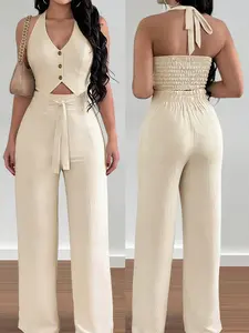 Women's  Halter Crop Top & Wide-Leg Pants Set, Comfortable Woven Material & Halter Neck Design & Smocked Back & Tie-Waist Silhouette，2pcs