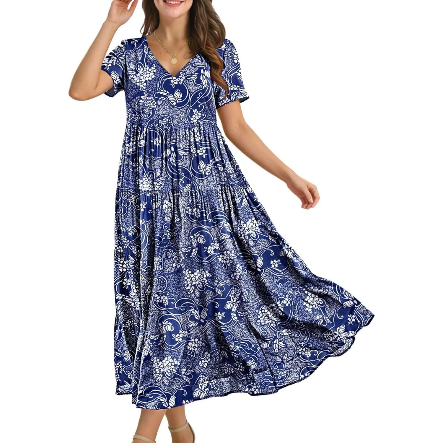 Women's Summer Maxi Dresses Casual Floral Short Sleeve V Neck Boho Beach Vacation Swing Dress with Pockets