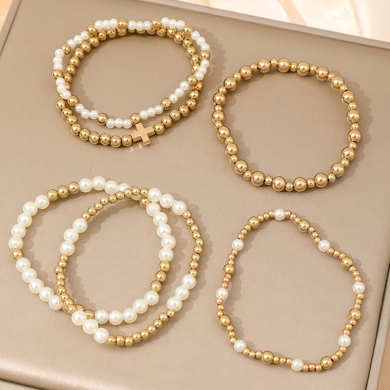 6PCS Elegant Women Imitation Pearl Handmade Bead Bracelet Set Bohemian Elastic CCB Golden Beads Multi-layer Bracelet Vintage Cross Stackable Chain Set
