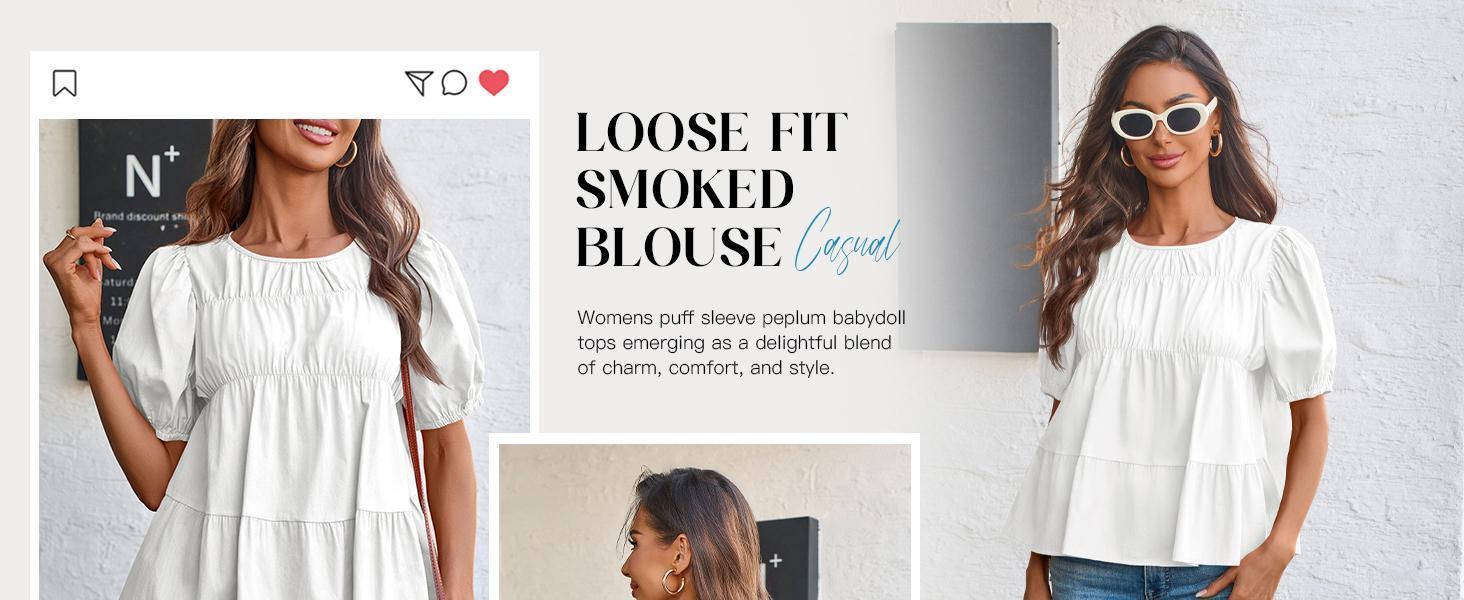 Imily Bela Womens Puff Sleeve Peplum Babydoll Tops Summer Smoked Pleated Cotton T-Shirts Casual Loose Fit Flowy Blouse