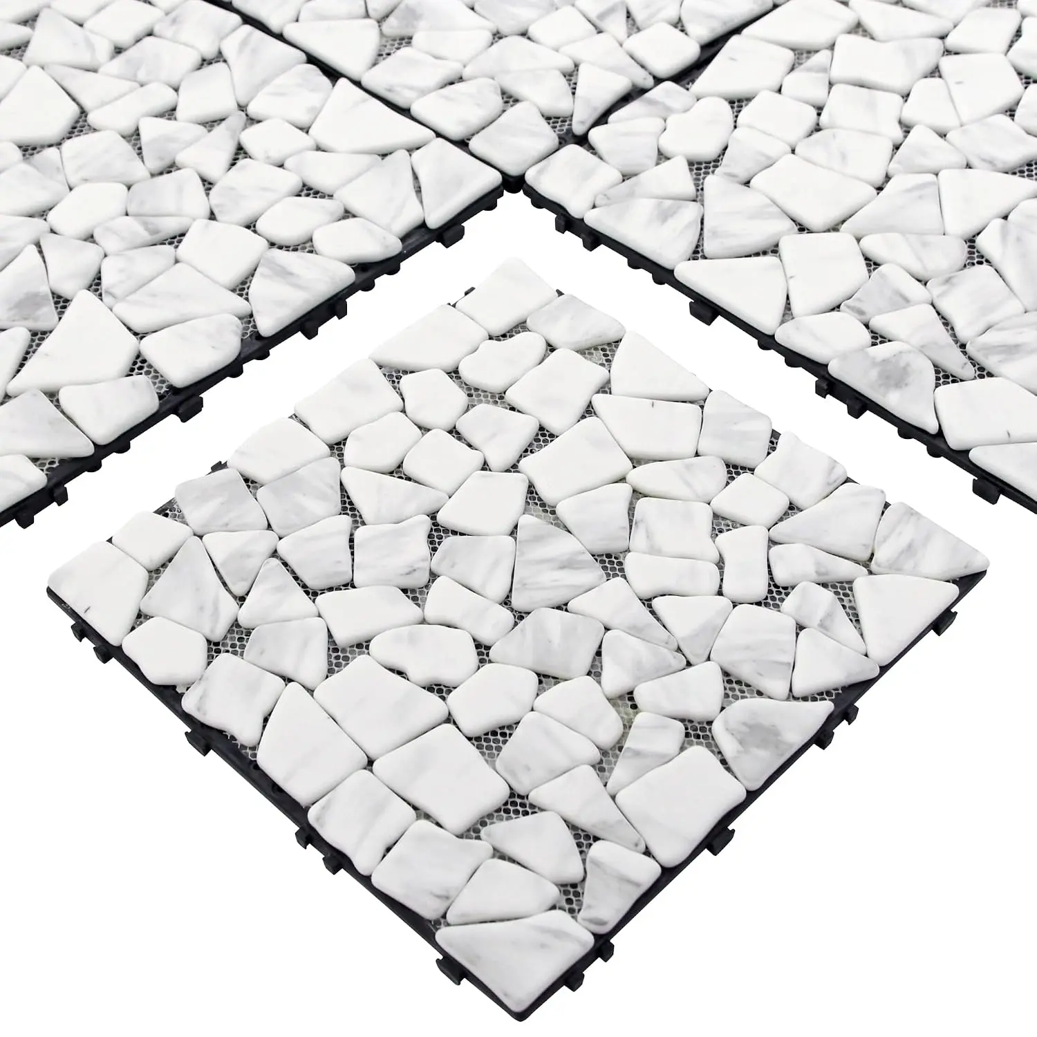 4 count  Pebble Interlocking Deck Tiles, 12" x 12" Recycled Glass Marble Looks  Patio Deck, Outdoor & Indoor Flooring Decking Tiles for Porch Poolside Balcony Backyard, Carrara White