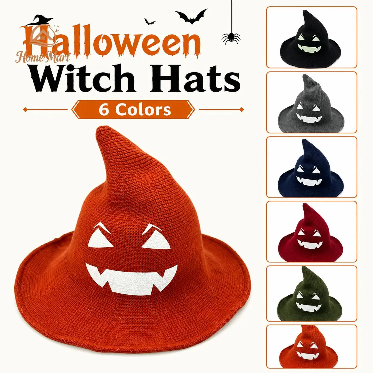 Halloween Witch Hat Solid Knit Fabric Holiday Party Outfit Spooky Pumpkin Face Print Pointed Wide Brim Foldable Lightweight Cosplay Witch Costume Accessory