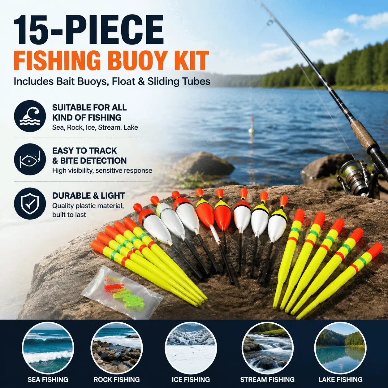 Upgrade Your Gear: High-Sensitivity Adjustable Depth Slip Bobber Kit with Assorted Bobbers, Soft Baits & Sinkers, Fresh & Saltwater, Boat & Rock Fishing.