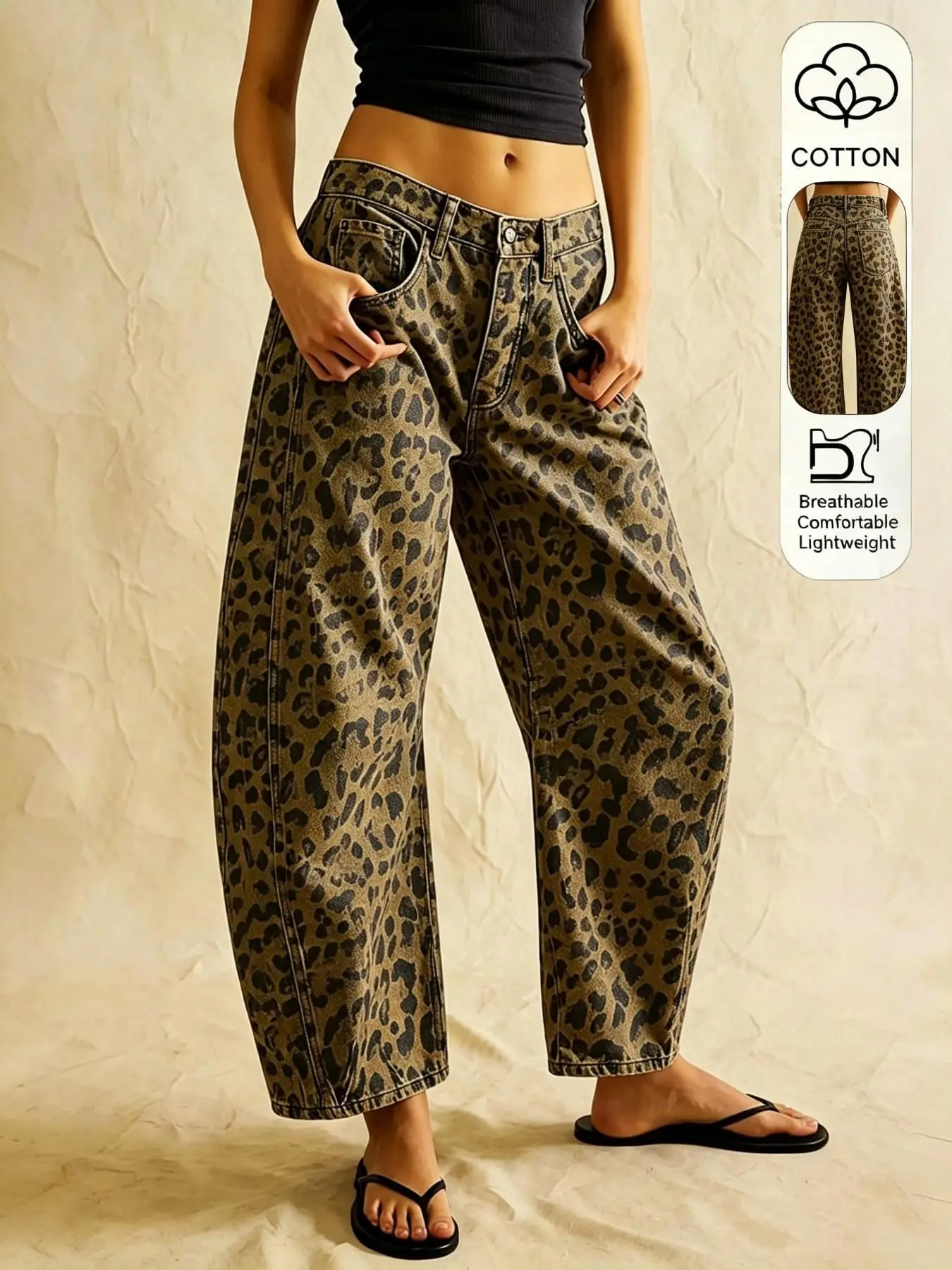 Women Leopard Print Jeans Mid Rise Loose Wide Leg Baggy Barrel Denim Pants Vintage, Streetwear Y2K Jeans, Loose Fit Casual Nine-Inch Pants, American Street Fashion Long Pants,
