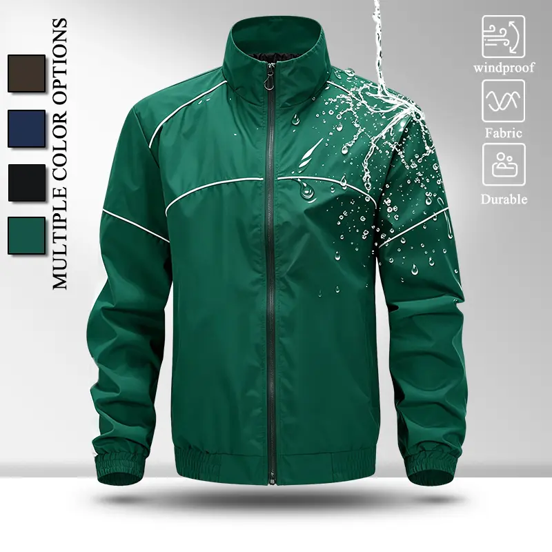 Men Rib Stand Collar Casual Jacket, Windproof Light Shell Full Zip Outerwear with Thin White Line Contrast Piping, Elastic Rib Cuffs, Loose Fit Coat for Sports Walking Daily Street Outfits, Multiple Neutral Tone Options