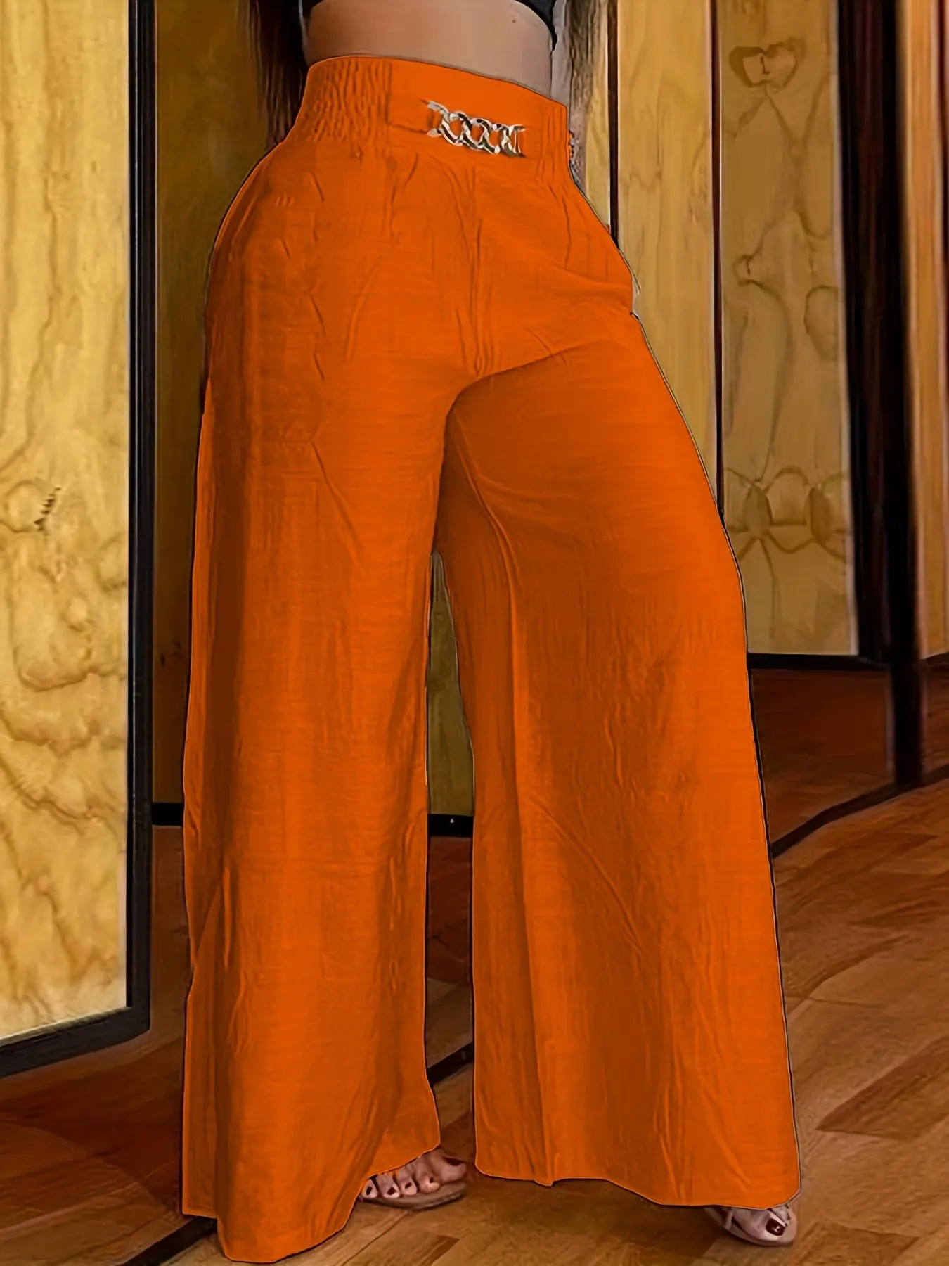 Comfy & Chic Orange High Waist Elastic Wide Leg Pants Women Casual Summer Pants Perfect for Vacation & Everyday