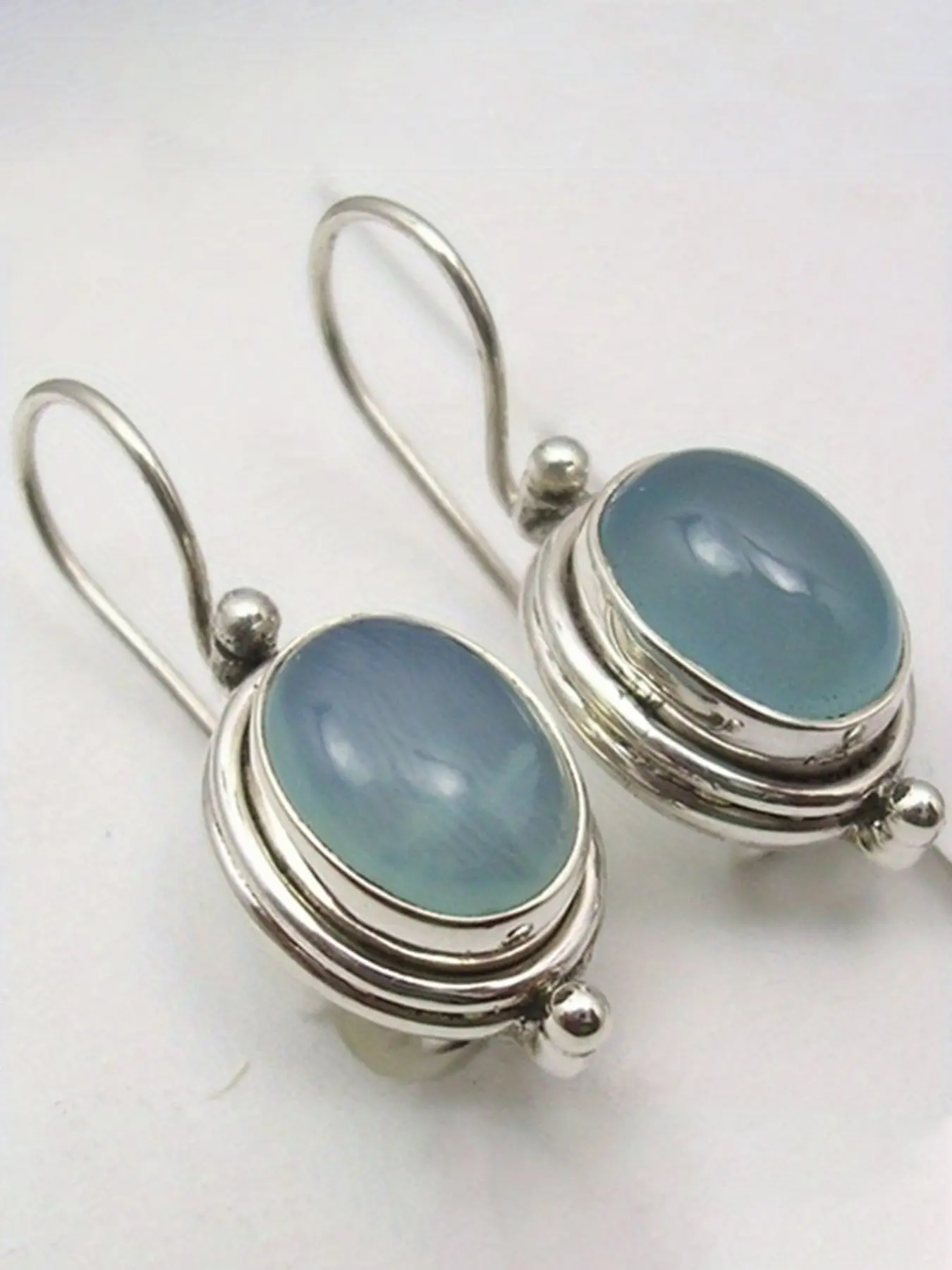 Vintage Silver Color Oval Blue Stone Pendant Earrings for Women, Simple Ethnic Style Casual Daily Wear Jewelry, Pair of Dangle Earrings, Summer Dainty Jewelry, Earrings Dangling, Dangly Earrings