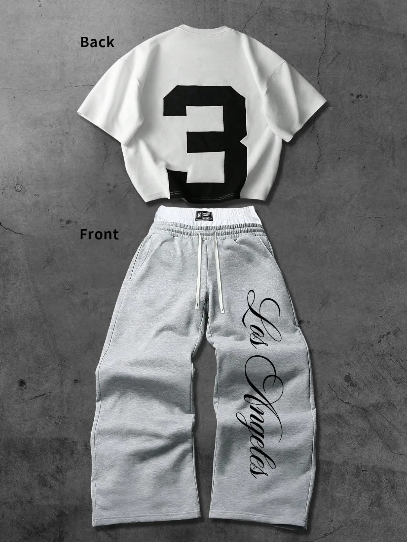 Unisex Streetwear Set, Number 3 Patchwork Short Sleeve T-Shirt, Los Angeles Script Print Joggers, Casual Y2K Hip-Hop Athletic, Spring Summer Fall