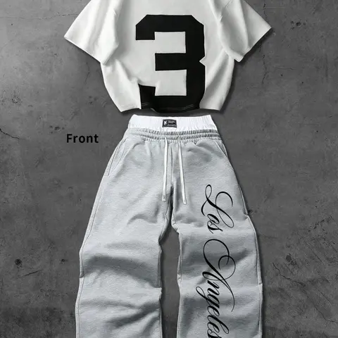 Unisex Streetwear Set, Number 3 Graphic Short-Sleeve T-Shirt, Los Angeles Script-Print Sweatpants, Casual Y2K Hip-Hop Style for Spring, Summer, and Fall, Two Pieces Outfits
