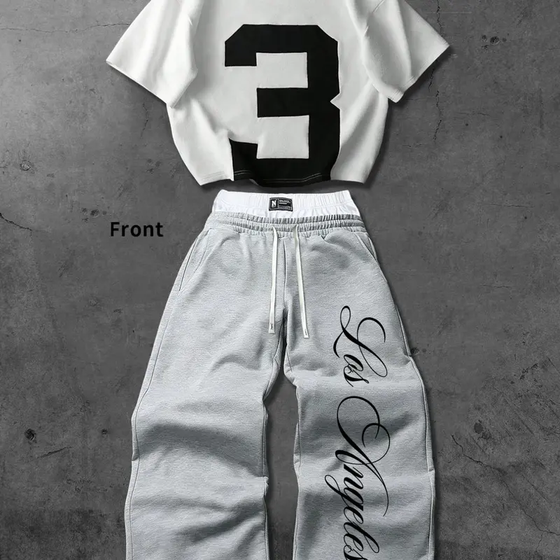 Unisex Streetwear Set, Number 3 Graphic Short-Sleeve T-Shirt, Los Angeles Script-Print Sweatpants, Casual Y2K Hip-Hop Style for Spring, Summer, and Fall, Two Pieces Outfits