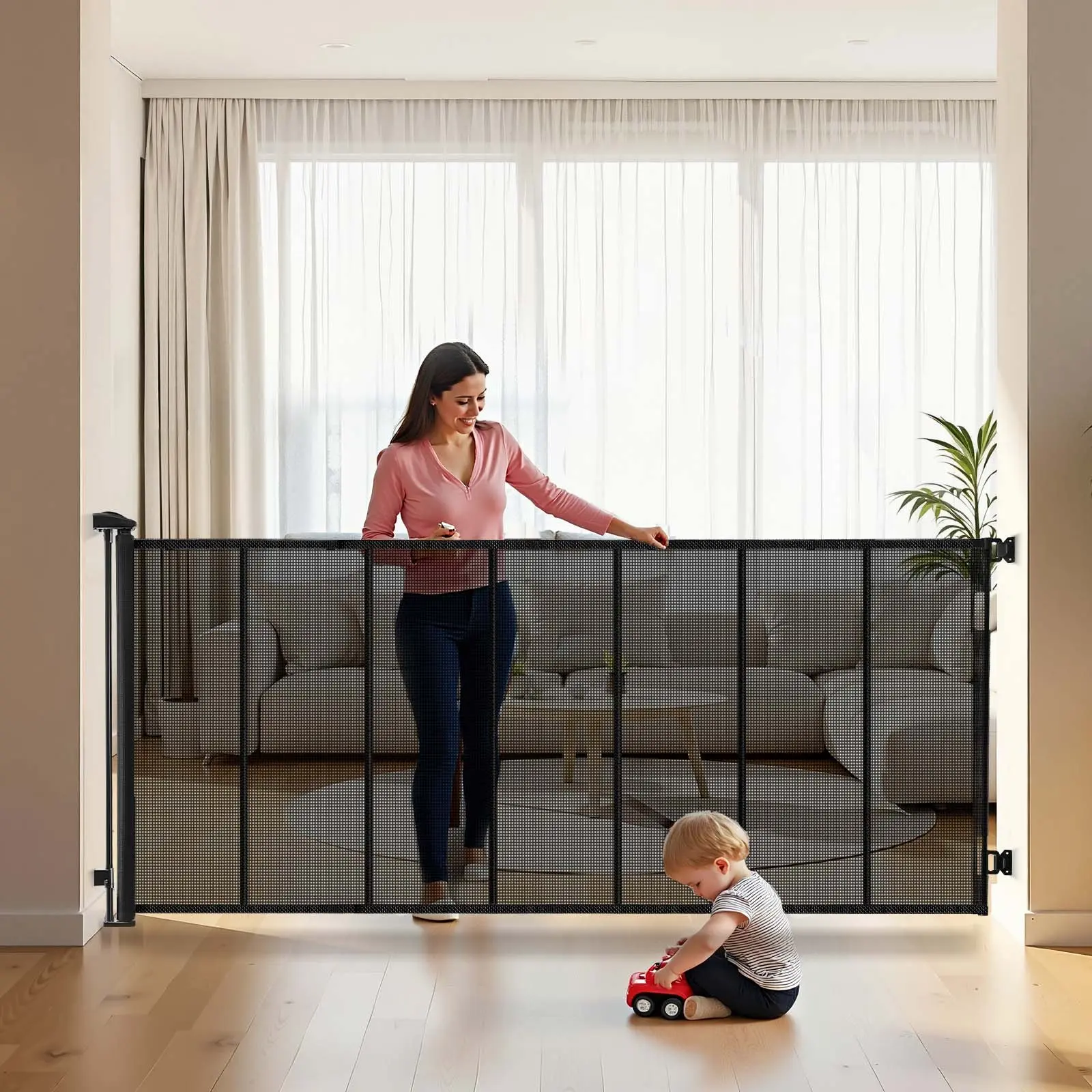 VEVOR Retractable Escape-Proof Baby & Dog Gate, Extra-Wide Design Extends to 120 in, 38.5 in Tall, Reinforced Fiberglass Strips, Damage-Free Baseboard Fit, Secure Separation Without Blocking View, Black for Decks, Doorways, Pvc Mesh