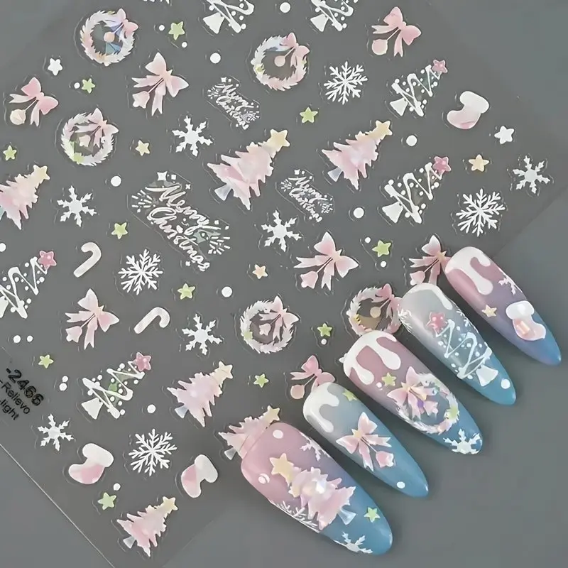 1pc 5D Embossed Glitter Christmas Nail Stickers, Nail Design Stickers, Rainbow Color Christmas Tree, Snowflakes, Candy Canes and Stockings Self-Adhesive Nail Stickers, Nail Decals for Women DIY and Nail Salon - Nail Art Supplies and Nail Art Decorations