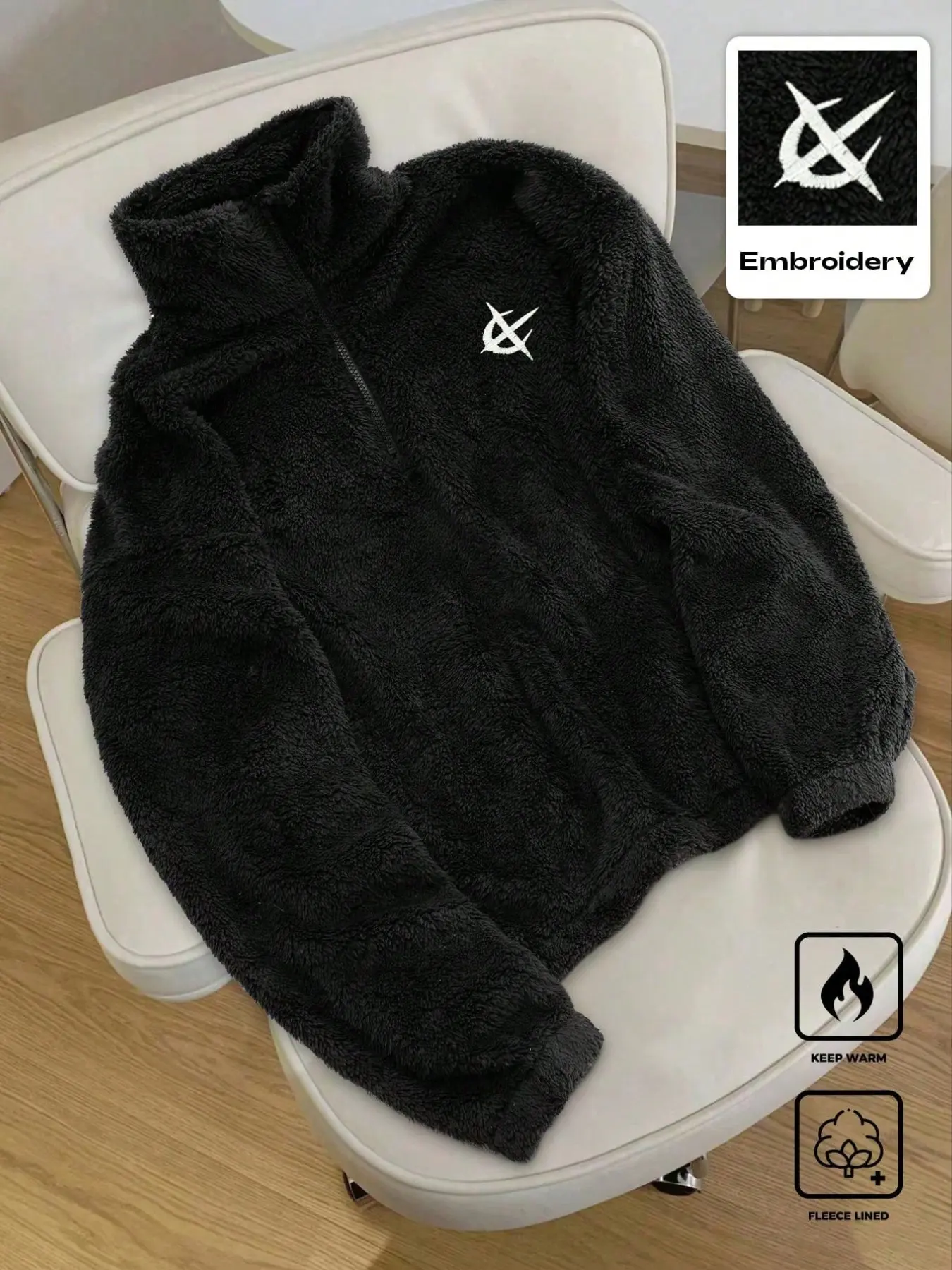 Men's Embroidered Half-Zip Coral Fleece Jacket, Winter Autumn Warm Plush Top, Casual Fuzzy Coat, Lazy Style Hoodie