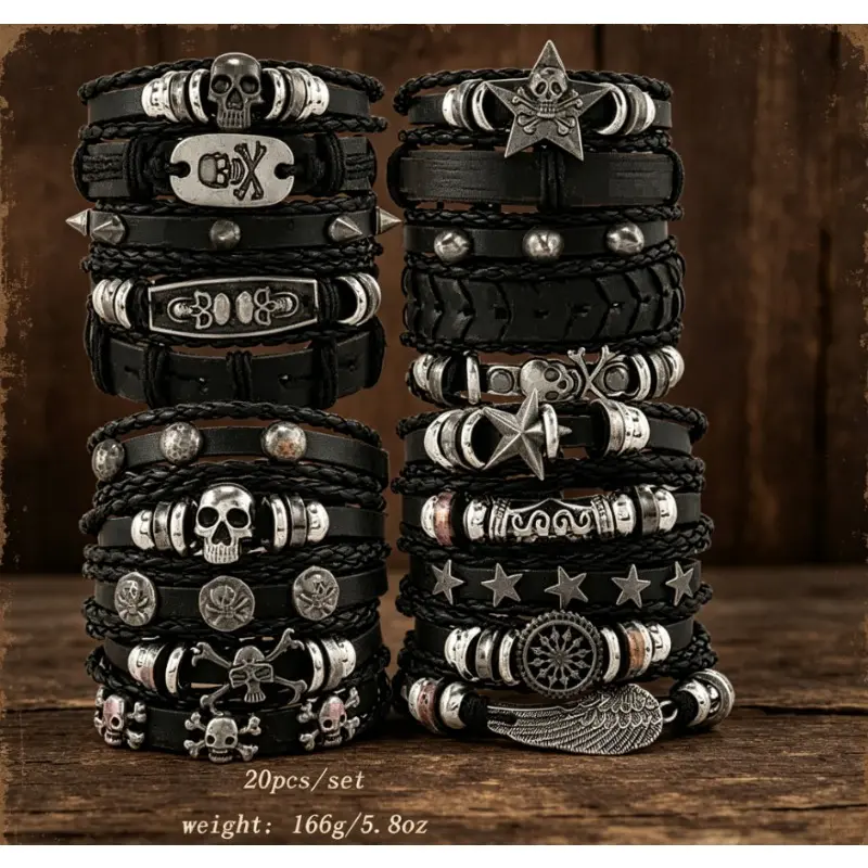20Pcs Punk Retro Handwoven Skull Bracelets Halloween Day Gifts for Men and Women Versatile Bracelets